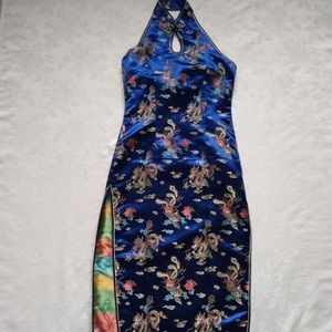 Halter cheongsam keyhole dragon royal blue